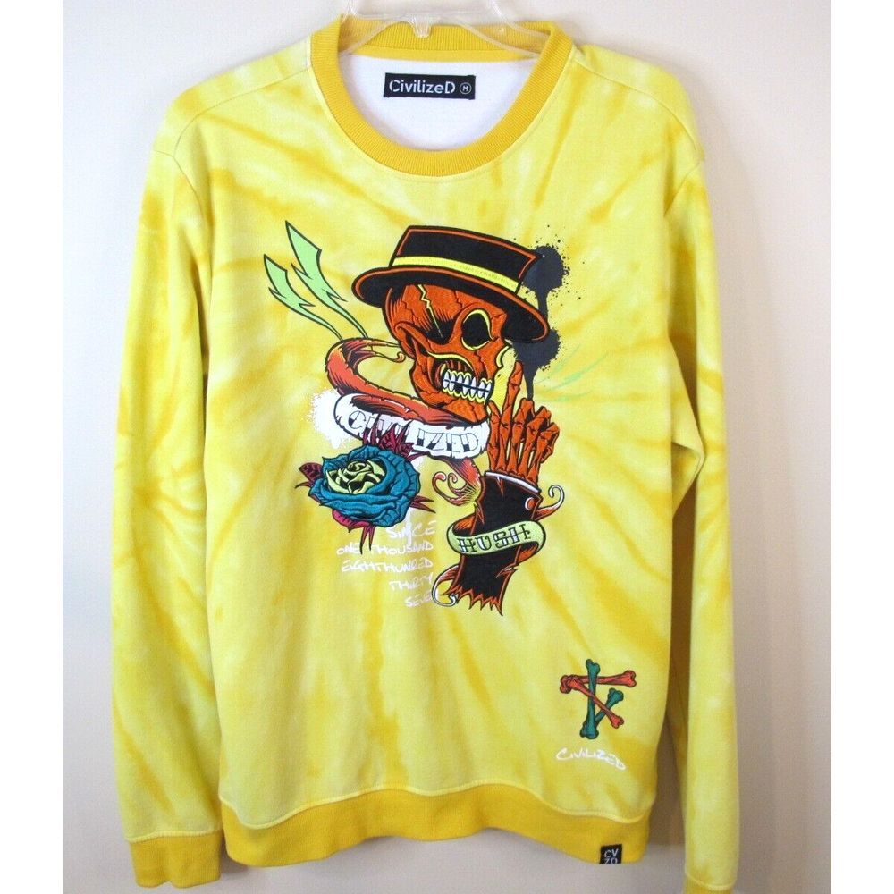 Civilized Skull Graphic Yellow Crewneck Sweatshirt Men's Medium - Great‎ Print